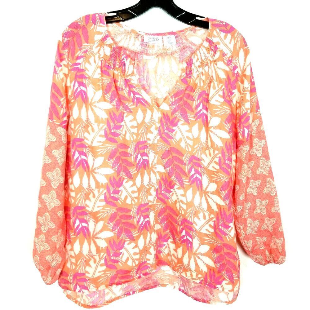 Sigrid Olsen Women Linen Mix Print Smocked Neck Peasant Top Sz S Blouse Beach